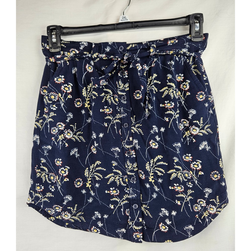 LOFT‎ Navy Blue Floral Button Front Mini Skirt Small Tie Waist Lined Coquette